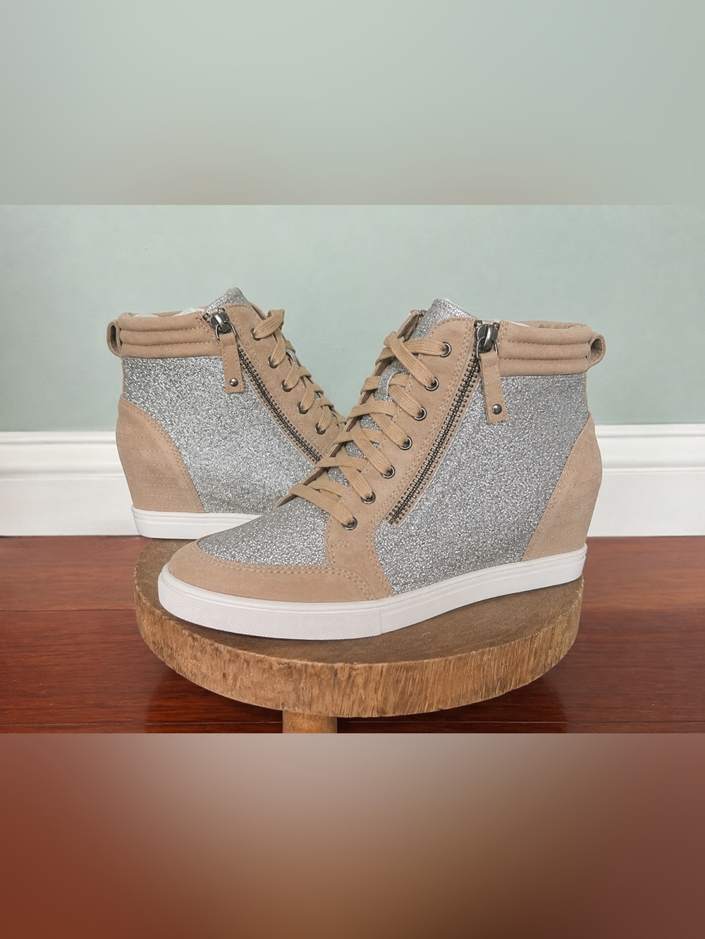 Linea Paolo Niya Silver Glitter Cement Suede Wedge High Top Sneakers - Picture 2 of 11